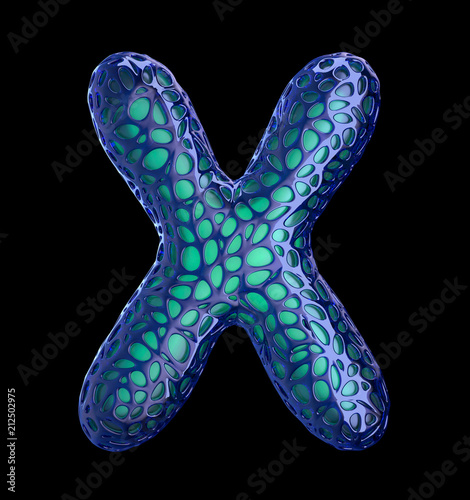 Blue plastic letter X with abstract holes. 3d