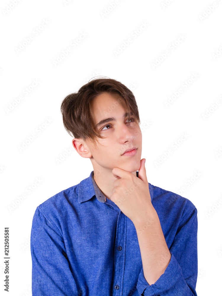 Portrait of young man thinking. Teen boy, isolated on white background Portrait of young man thinking. Teen boy, isolated on white background
