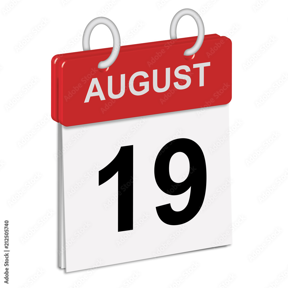 Daily calendar of single-leaf rings, red spine, 3d,illustration, day,august,nineteenth, 19th Daily calendar of single-leaf rings, red spine, 3d,illustration, day,august,nineteenth, 19th