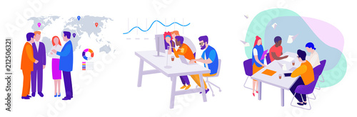 set of vector business illustrations: teamwork, meeting of managers and directors on the background of the map, workflow in the office at the computer