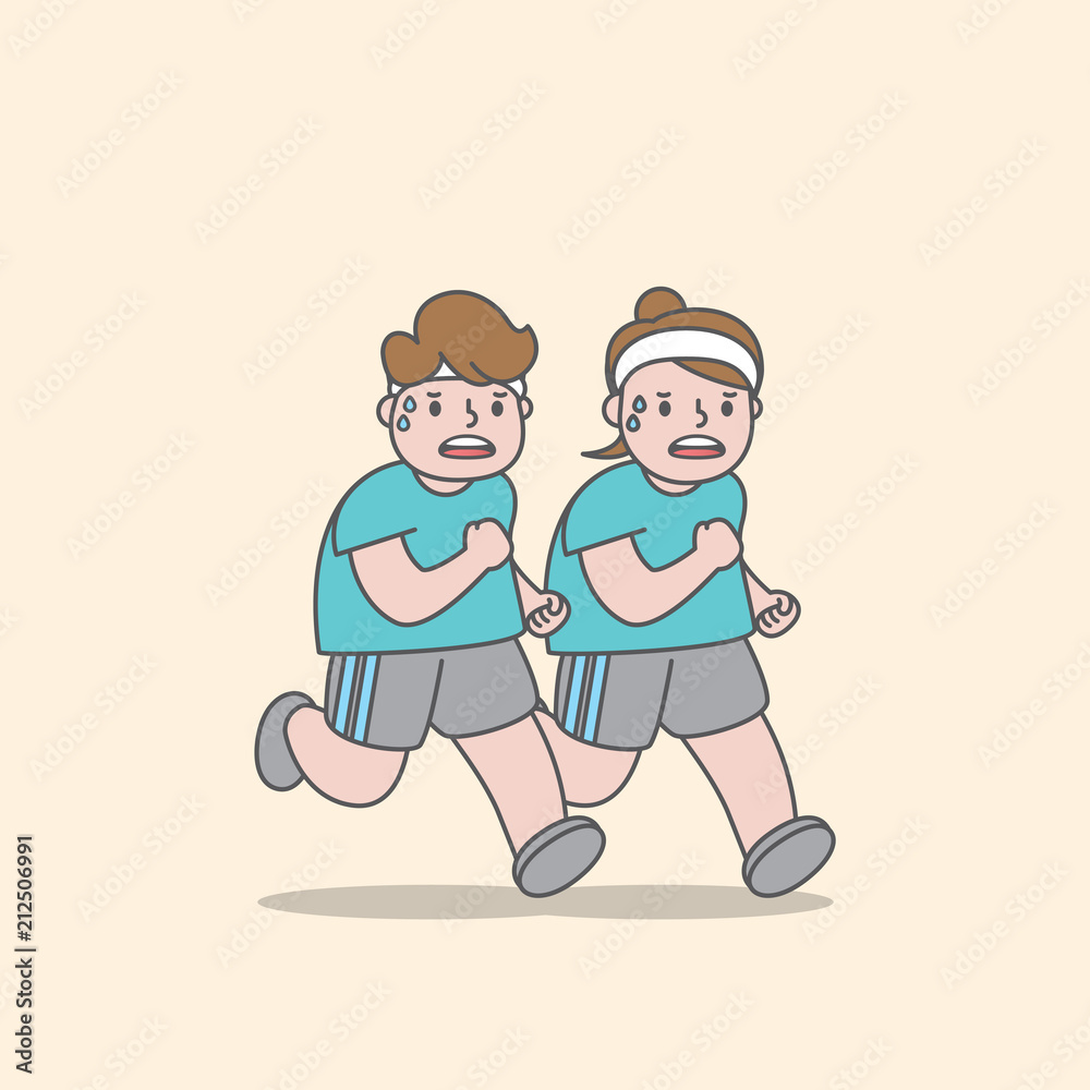 Jogging fat couple illustration vector on yellow background. Exercise concept. Jogging fat couple illustration vector on yellow background. Exercise concept.