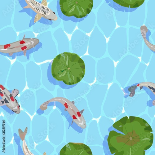Seamless pattern with image of Koi fish and lotus leaves on water. Vector illustration.