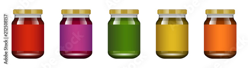 Glass jar with jam and configure. Vector illustration. Packaging collection. Label for jam. Bank realistic. Mock up glass jar without design label and logo.