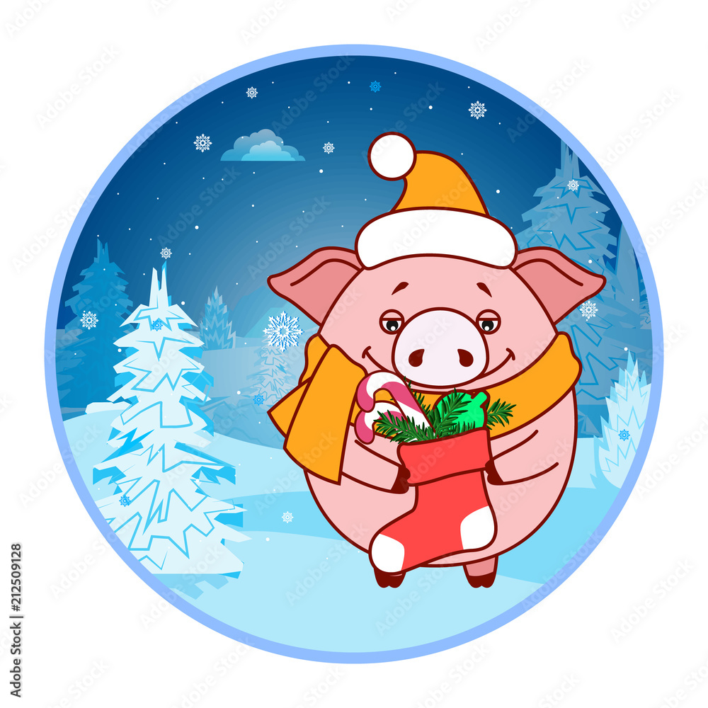 Sticker Pig with a sock and gifts on the background of the winter landscape. Evening. Symbol of the new year in the Chinese calendar. Cartoon. Vector.