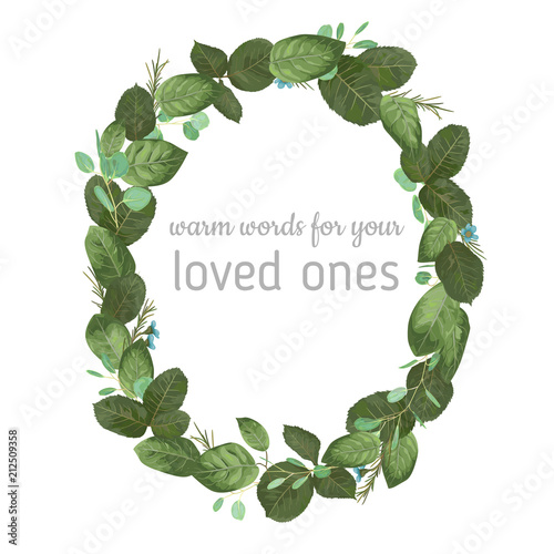 Foliage oval wreath frame watercolor pattern, wedding invitation, certificate, postcard, flyer. Leaves of a rose, eucalyptus, blue wax flowers isolated on white background. vector illustration