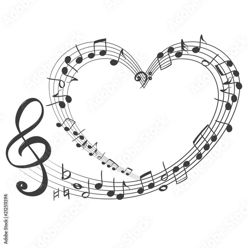 musical notes in the form of a heart icon, love music, hand drawn vector illustration sketch