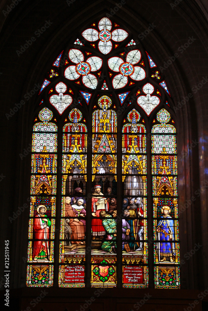 Colorful stained glass in cathedral of St. Michael and St. Gudula.