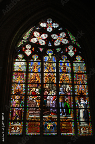 Colorful stained glass in cathedral of St. Michael and St. Gudula.