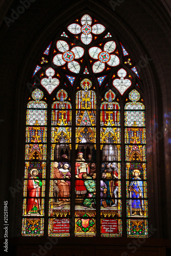 Colorful stained glass in cathedral of St. Michael and St. Gudula.