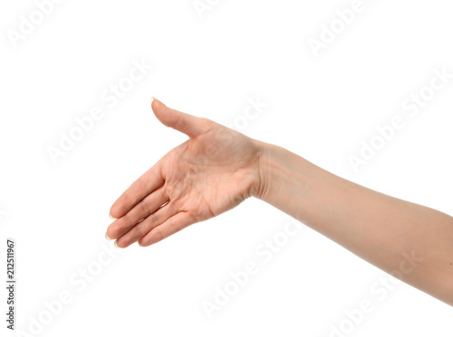 Woman hand ready for handshake pointing palm sign isolated on white © Dmitry Lobanov