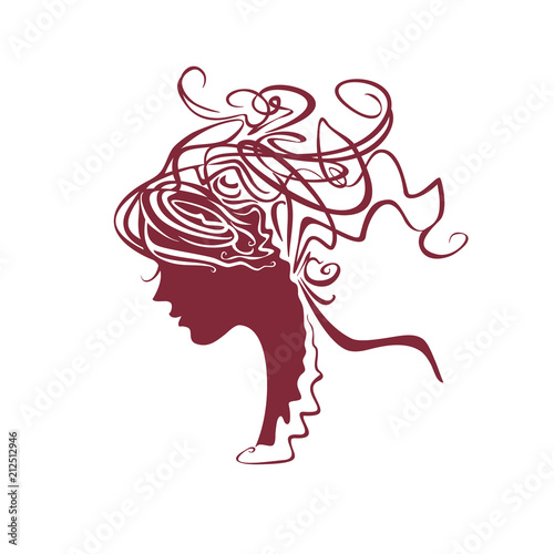 Curly hair. Modern silhouette profile of a female head with a deliberately careless hairdo. Baroque hair style.