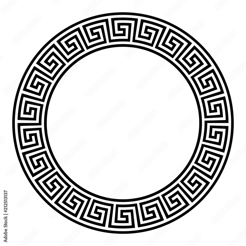 Circle frame with seamless meander pattern. Meandros, a decorative border,  constructed from continuous lines, shaped into a repeated motif. Greek fret  or Greek key. Illustration over white. Vector. Stock Vector | Adobe