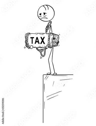 Cartoon stick drawing conceptual illustration of sad and depressed man or businessman standing on edge of precipice or chasm and holding big stone with tax text tied to his neck.