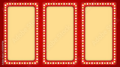 Triple screens flashing light bulbs red frame border sign surface casino background loop
