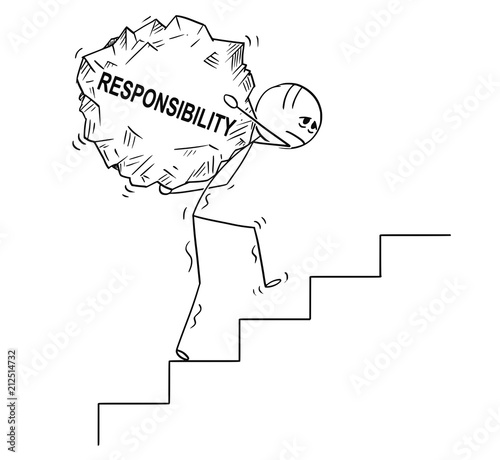 Cartoon stick drawing conceptual illustration of man or businessman carrying big piece of rock with text responsibility upstairs. Business concept of management and ethics.