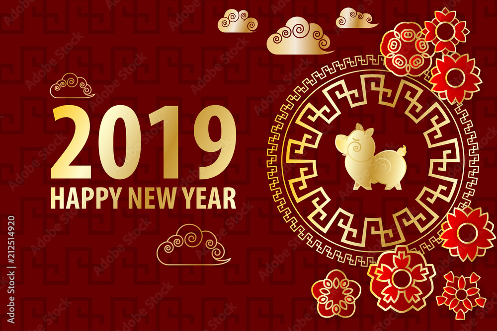 2019 chinese new year yellow pig. Golden asian frame. Red holiday pattern. Traditional holiday festival zodiac background. Paper cut flower and clouds. Piggy vector banner.