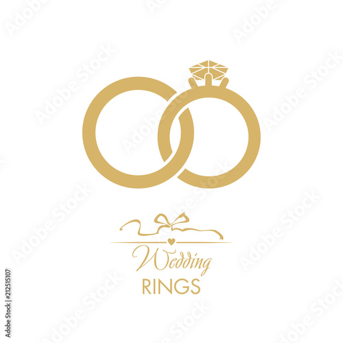 Wedding logo. Gold wedding rings. Attributes and decoration ceremony. The symbol of faith, love, care, happiness, mutual understanding, strength.