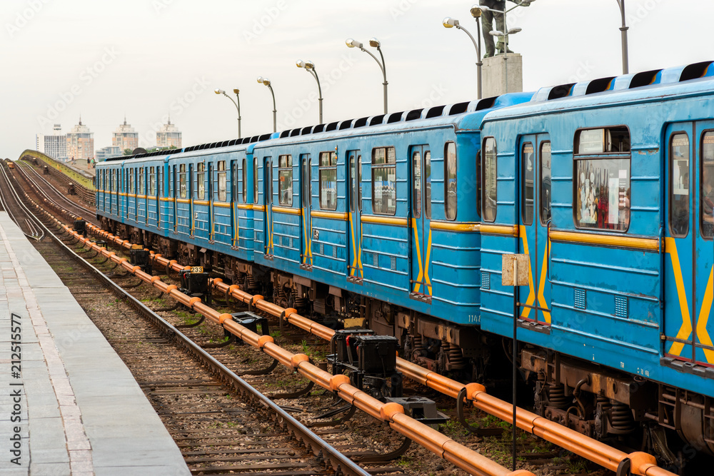 Fototapeta premium Metro train in the open air at the Metro Dnepr station in Kiev in May 2018