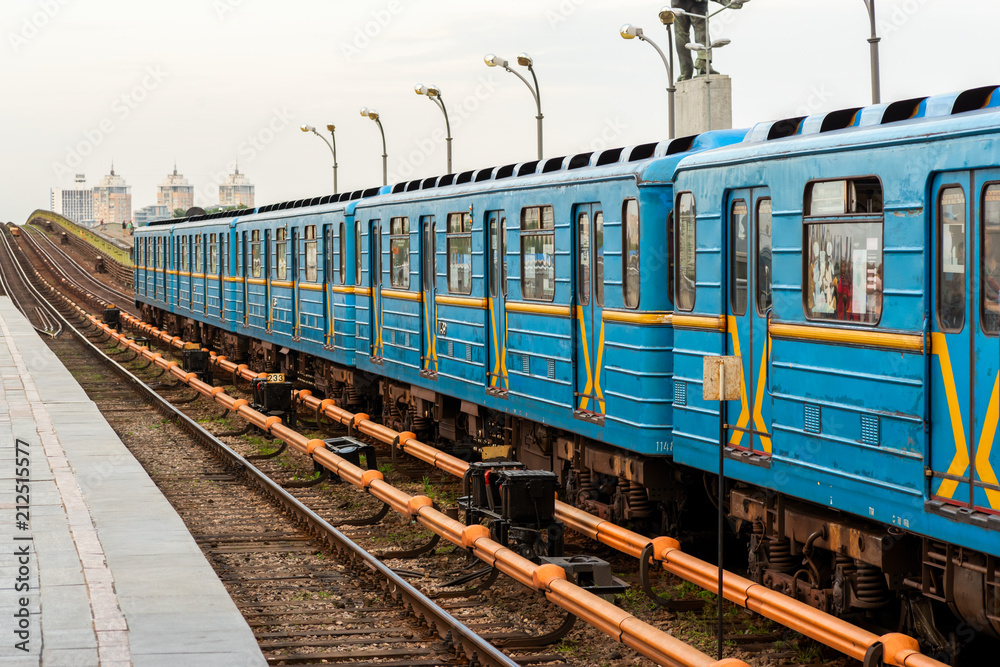 Metro train in the open air at the Metro Dnepr station in Kiev in May 2018