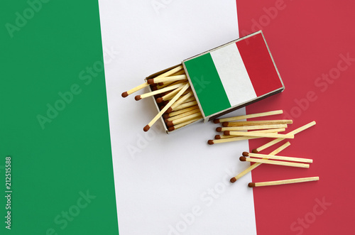 Italy flag  is shown on an open matchbox, from which several matches fall and lies on a large flag photo