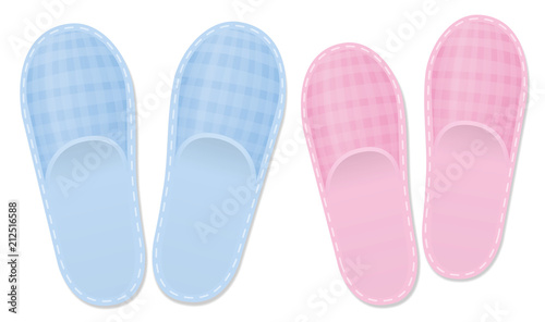 Bedroom slippers. Love couple set for him and her, father and mother or for the grandparents. Pink and blue vintage style footwear with checked gingham pattern. Isolated vector illustration on white.