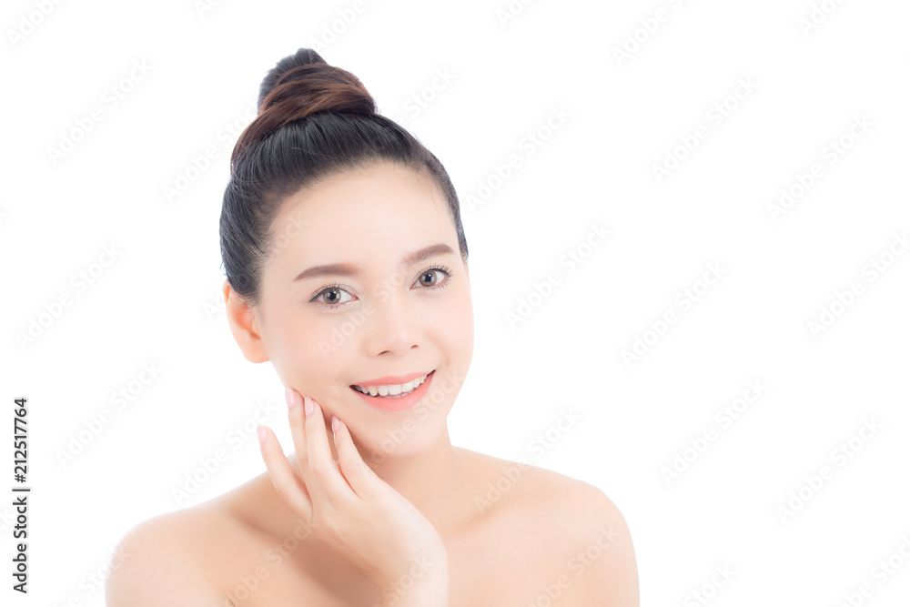 Portrait of beautiful woman asian makeup of cosmetic, girl hand touch cheek and smile attractive, face of beauty perfect with wellness isolated on white background with skin healthcare concept. Portrait of beautiful woman asian makeup of cosmetic, girl hand touch cheek and smile attractive, face of beauty perfect with wellness isolated on white background with skin healthcare concept.