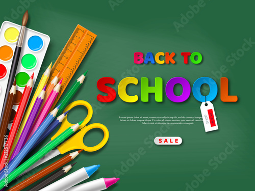 Back to school sale poster with realistic school supplies. Paper cut style letters on blackboard background. Vector illustration.