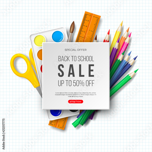 Back to school sale banner with realistic school supplies. White background. Vector illustration.