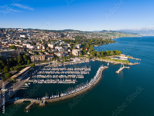 Aerial view of Ouchy waterfront in  Lausanne, Switzerland