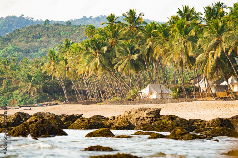 Beautiful and relaxing beach flanked by green palm trees at sunset. Varkala, Kerala, India.