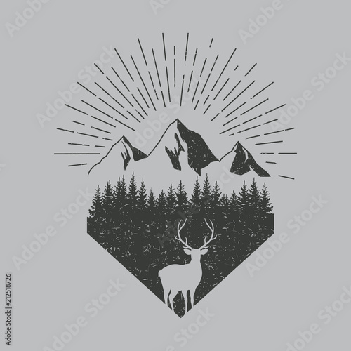 Deer in forest logo. Old texture. Vector. Isolated.