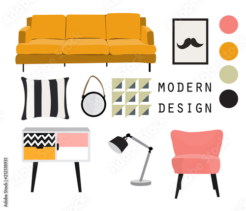 modern interior design vector illustration. living room furniture. sofa armchair chair mirror cabinet. mustache. Mood board of home house decor. Designer elements collection