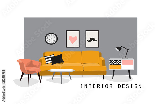 interior design modern vector illustration. living room furniture. trendy style.