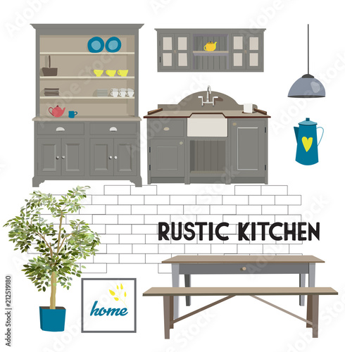 vector interior design illustration. kitchen dining room element set. 