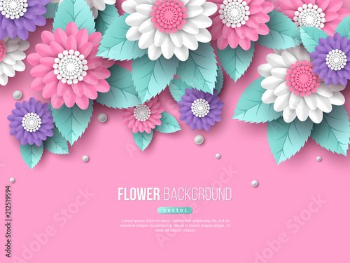 Fototapeta Naklejka Na Ścianę i Meble -  Paper cut 3d flowers banner in pink, white and violet colors. Place for text. Decorative elements for holiday design. Vector illustration.