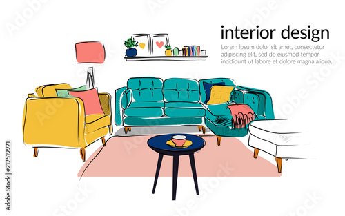 vector interior design illustration.living room furniture. hand drawn watercolor sketch. Mid century modern. Danish. Designer fashion