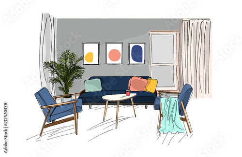 vector interior design illustration.living room furniture. hand drawn watercolor sketch. Mid century modern. Danish. Designer fashion