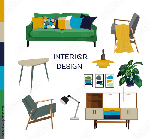 vector mid century modern furniture. home house interior design. 1960s 1950s style. 