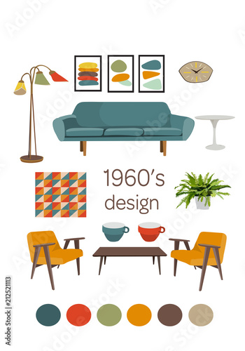 vector collection set of mid century modern interior design. Illustration. Mood board of retro vintage home decor. Furniture elements collection set. 