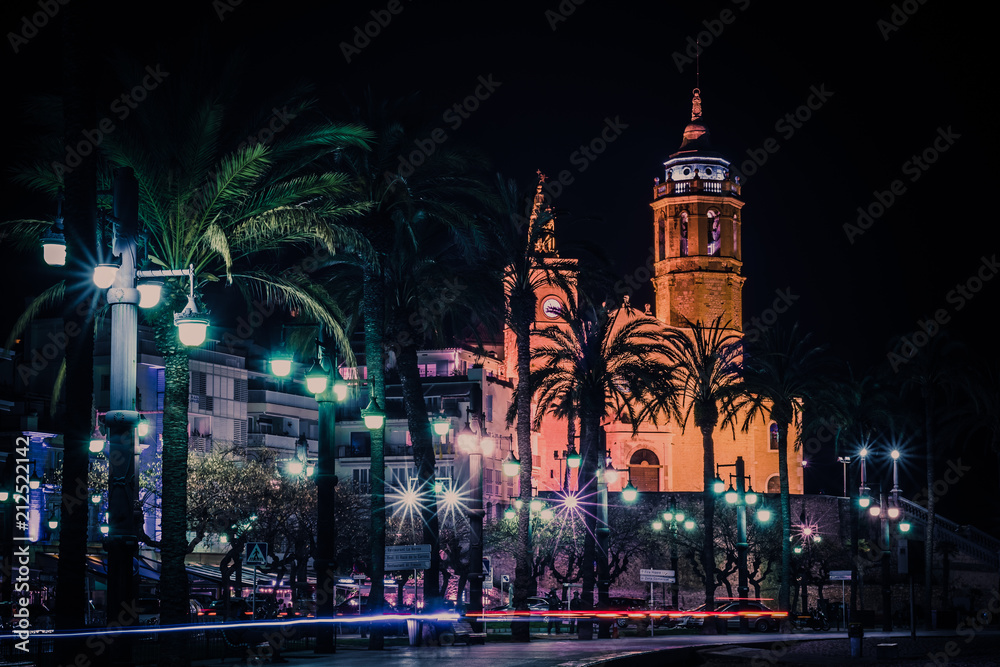 Night view on catholic church in Sitges, Spain