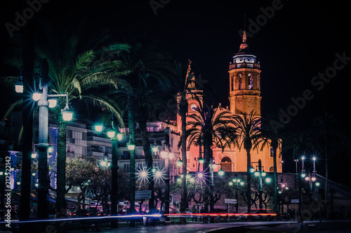 Night view on catholic church in Sitges  Spain