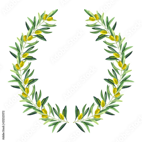 Olive wreath, olive crown. Watercolor hand drawn illustration.