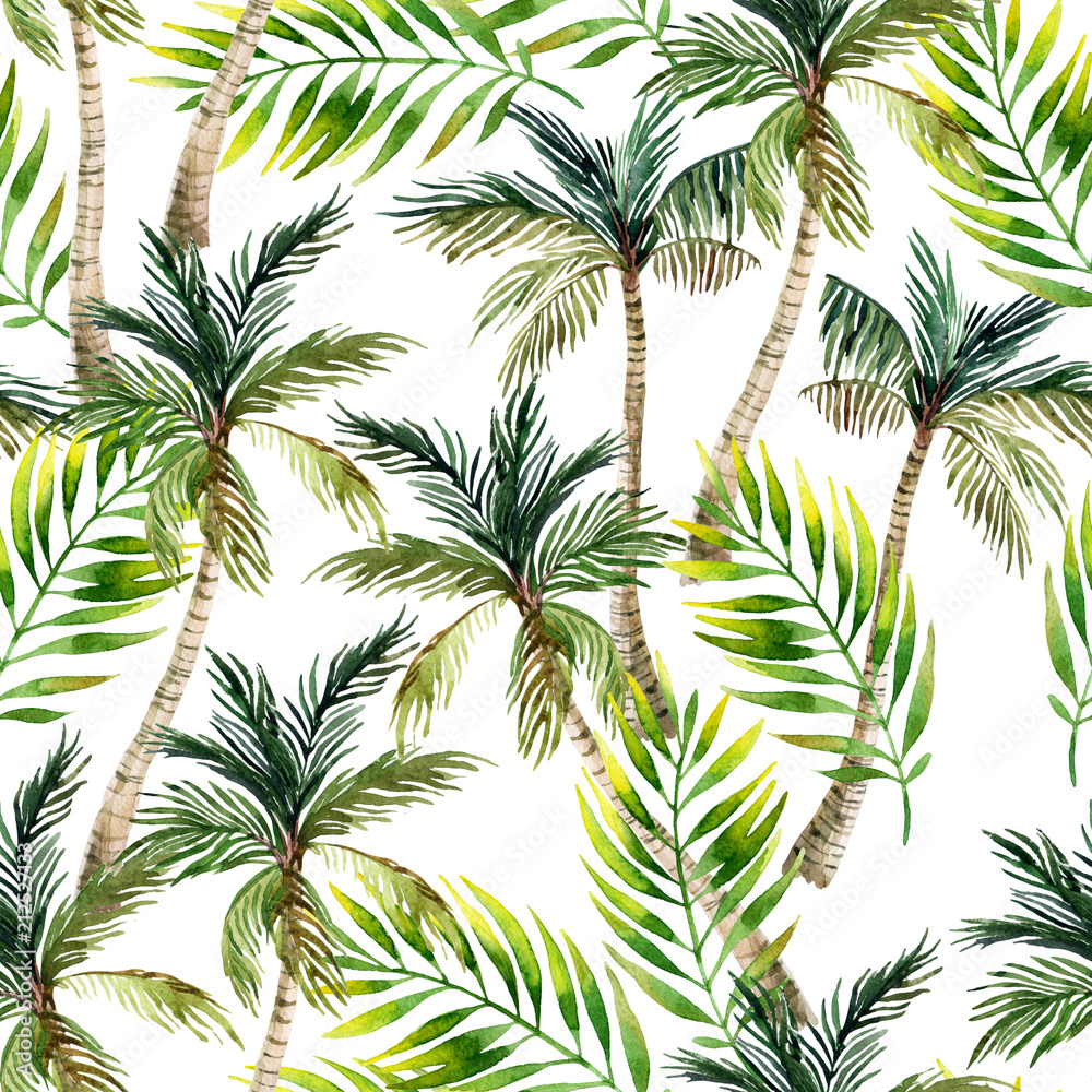 Watercolor palm tree and leaves seamless pattern. Tropical palm background. Watercolor palm tree and leaves seamless pattern. Tropical palm background.