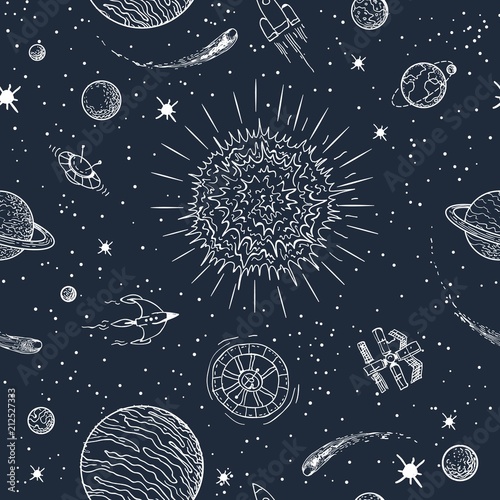Solar system doodle pattern. Space planetary seamless background, cosmos galaxy astronomical vector texture