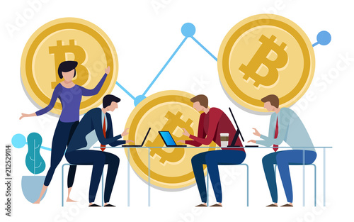 Golden Bitcoins chart up background. Graph of the growth of price. team work on investment management monitoring