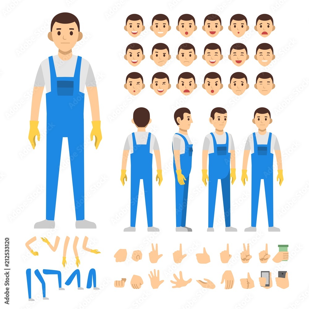 cleaning service man character set. Full length. Different view, emotion, gesture.
