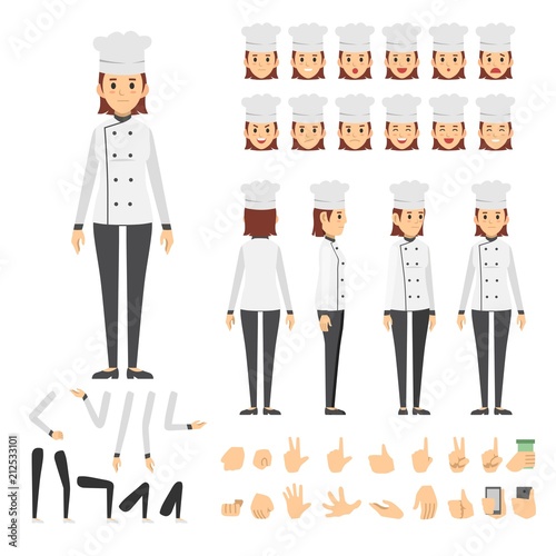 chef woman character set. Full length. Different view, emotion, gesture.
