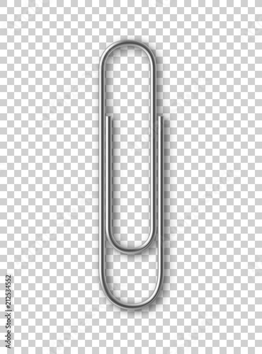 Metal paper clip isolated object on transparent background. Realistic stationery vector element. Device for binding sheets of paper together. Mockup paper clip attachment. Documents organization