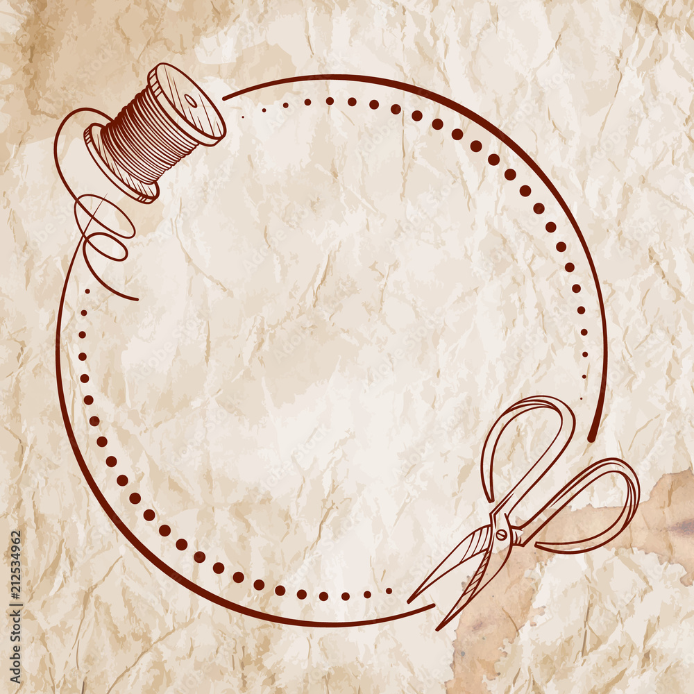 Vector round dotted frame frame with a spool of thread and a scissors ...