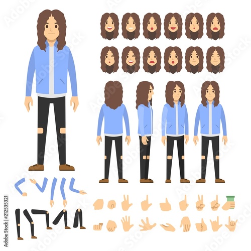 Rock man character set. Full length. Different view, emotion, gesture.
